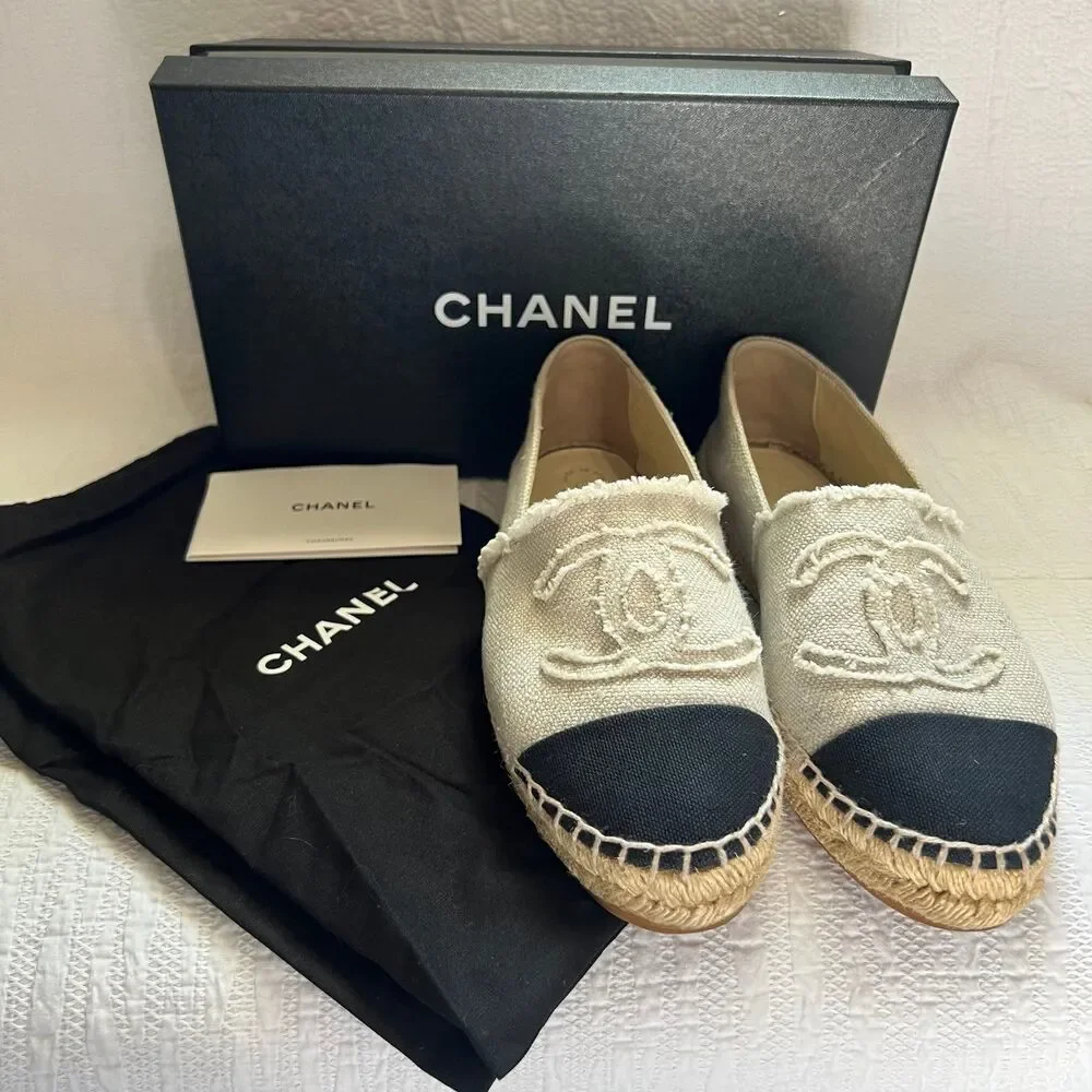 CHANEL Espadrilles Linen Black & Cream/Beige With Box And Dust Bags